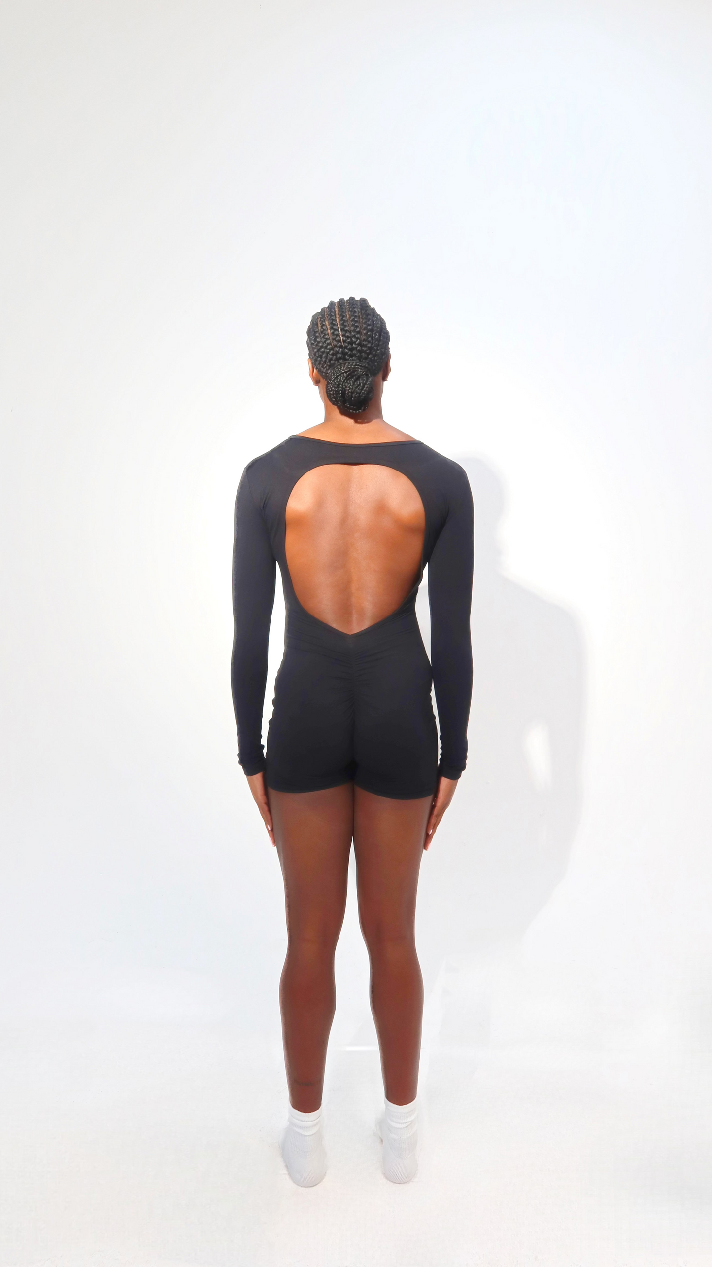 LONG SLEEVE ROMPER: CUTOUT OPEN BACK & CINCHED BOTTOM